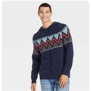 GOODFELLOW & Co Pull Over Jacquard  Sweater with Hoodie Men Navy Blue NWT Size L